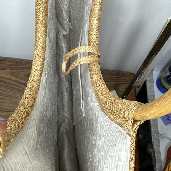 Womens Hand Bag Tote Weaved Jute Floral Vase Design Wooden Handles Summer Beach - Picture 9 of 14